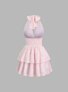 Sweetra French Minimalist Sexy Style Deep V Neck Backless Jacquard Waist Slimming Mini Dress For Women - Pink - View 2