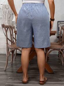 EMERY ROSE Plus Size Women French Style Vacation Blue And White Striped Casual Five-Minute Shorts, Beach Resort Wear For Summer Women Summer Clothing Woman S Summer Clothes Women Short Dresses Summer Work Summer Dresses Women Summer Sets