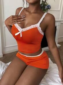 Amplova 2pcs/Set Contrast Color Orange Lace Patchwork Bow Decor Camisole Top And Super Low Waist Lace Patchwork Mini Shorts - Orange - View 4