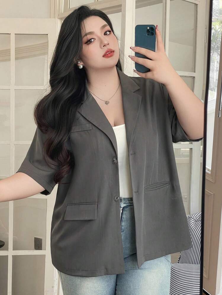 Dazy Plus Plus Size Plain Revere Collar Loose Pocket Short Sleeve Gray Jacket Blazer, Back To School Clothes Business Attire