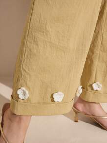 Graceveil Damskie khaki modne ręcznie robione kwiatowe dekoracje letnie nowe spodnie w stylu - Kolor khaki - Zobacz 6