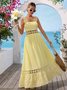 Vivid Eden 女式度假休闲纯色荷叶边纹理面料 A 字形吊带连衣裙 - 黃色 - 查看 4