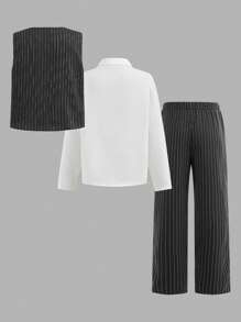 2 件儿童/青少年男孩休闲校服套装：长袖条纹衬衫、背心和长裤，绅士西装套装适合学校、花园、海滩、生日、春夏秋冬 - 黑色 - 查看 4