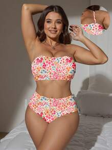 Plus Size Romantic Ditsy Floral Bandeau Bikini Set Set Suitable For Going Out For Summer Beach Vacation - Multicolor - View 1