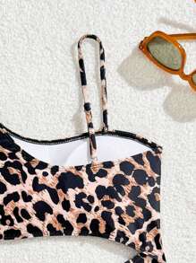 Tween Girls One-Piece Leopard Print Halter Swimsuit With Adjustable Straps