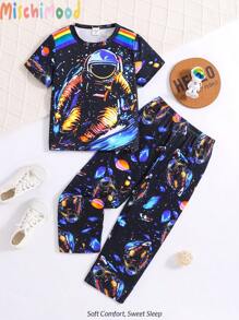 2pcs/Set Young Boys Stylish Astronaut & Colorful Print Pattern Short Sleeve T-Shirt And Pants Comfortable Home Outfit, Rave - Multicolor - View 3