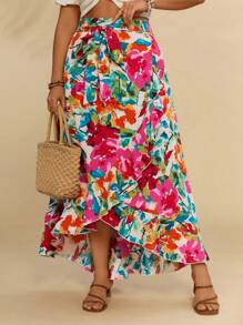 Travachic Plus Allover Floral Print Ruffle Trim Wrap Knot Side Summer Skirt - Multicolor - View 3