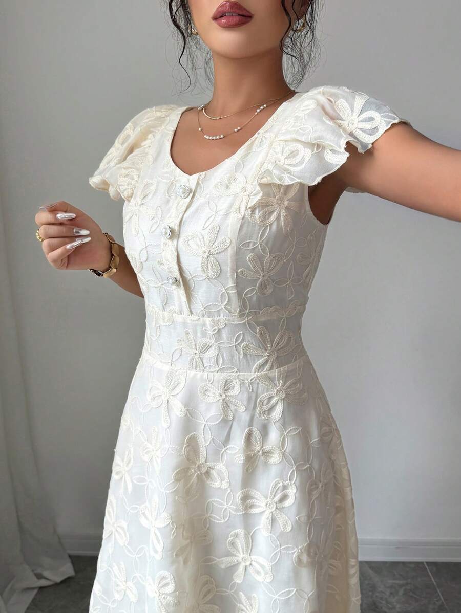 Elenzga Women's Elegant V-Neck Cap Sleeve Waist Cinched A-Line Dress