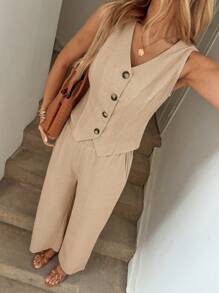 Easowa V 领不对称下摆纽扣前开无袖衬衫上衣和拉链门襟斜口袋直筒裤棉麻休闲度假优雅女士两件套 - 駝色 - 查看 7