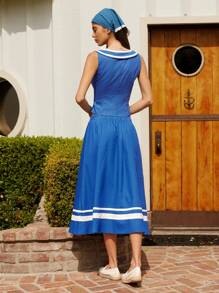 WESTFADE Cotton Viscose Blue And White Stripe A Line Midi Skirt,Autumn Elegant Picnic Holiday,Bow Tie Drawstring Waist Button Front Sailor Nautical Beach Skirt - Multicolor - View 5