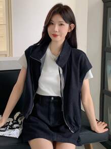 DAZY 女式抽绳腰立领无袖开衫夹克和短款牛仔裙套装，休闲街头风格 - 深色水洗藍 - 查看 3