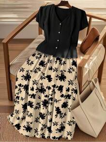 SHEIN Clasi 大码女式春夏套装，含酒红色短袖上衣、纽扣领夹克和碎花裙，休闲优雅复古浪漫假日/通勤风格 - 黑色 - 查看 1