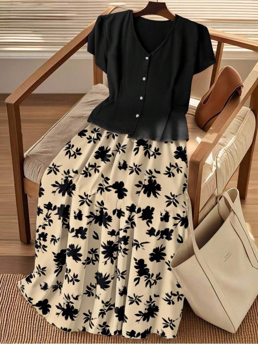 SHEIN Clasi 大码女式春夏套装，含酒红色短袖上衣、纽扣领夹克和碎花裙，休闲优雅复古浪漫假日/通勤风格 - 黑色 - 查看 1