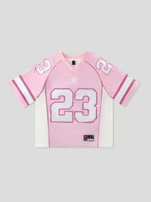 ROMWE MEN Prep Men's Mesh Patchwork Number Sports Short Sleeve Jersey T-Shirt - Pink - View 1