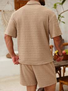 ResortEase Plus Size Men Textured Casual Shirt Set - Khaki - View 5