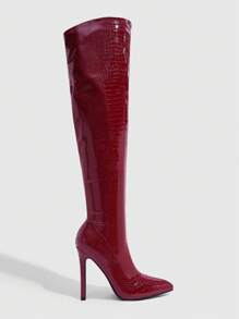 CUCCOO SZL 尖头细高跟过膝长靴，时尚性感派对俱乐部装，酒红色弹力修身过膝长靴 - 酒紅色 - 查看 2