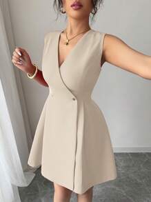 Elenzga Women's Elegant Casual Vacation & Work Solid Color Cross V-Neck Double Metal Buckle Pleated A-Line Sleeveless Mini Dress, Spring/Summer