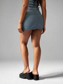 MISSGUIDED Railroad Stripe Denim Mini Skirt Y2K Festival Style Button Front High Waisted Fitted Summer Spring Fashion - Dark Wash - View 2