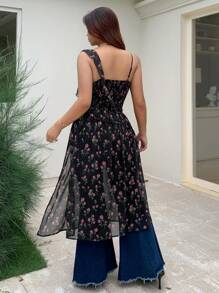 Dazy Plus Ditsy Floral Maxi Sleeveless High Slit Shirt Dress - Black - View 2