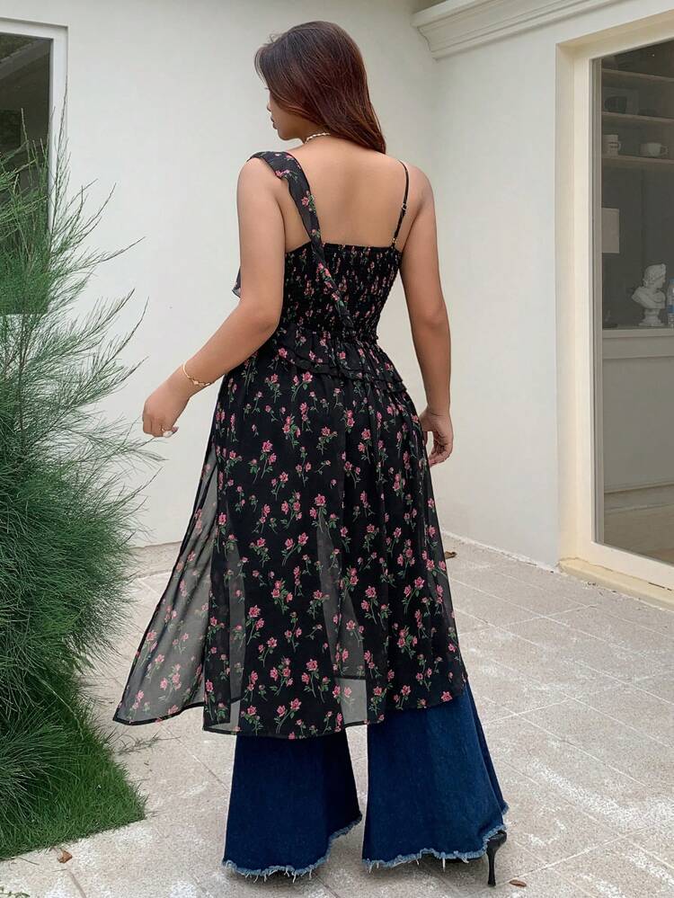 Dazy Plus Plus Size Ditsy Floral Maxi Sleeveless High Slit Shirt Dress Boho