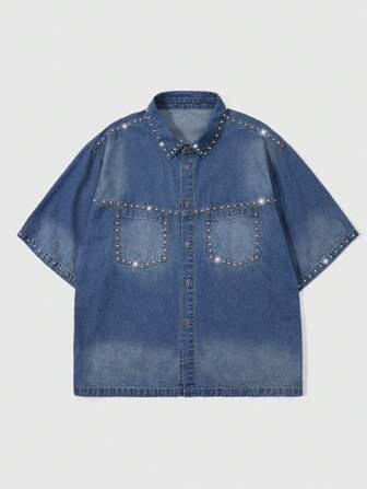 Street Life Chemise en jean à simple boutonnage avec poches et cloutée de perles, pour hommes en été