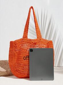 SHECARRY 女士度假休闲镂空针织托特包沙滩包 - 橘色 - 查看 6