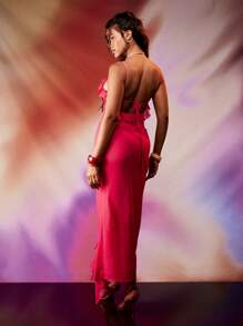 MISSGUIDED 优雅荷叶边雪纺晚礼服中长款特殊场合派对婚礼宾客庆典无袖飘逸长裙