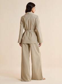 SHEIN Tall Bộ 2 áo sơ mi dài tay buộc nơ phía trước và quần dài màu trơn cho nữ - Màu Khaki - Xem 2