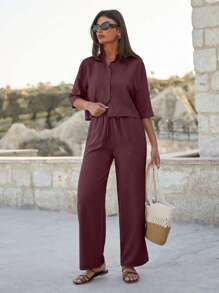 EURMUSE Damen Baumwolle Crop Hemd & hohe Taille Hosen Set