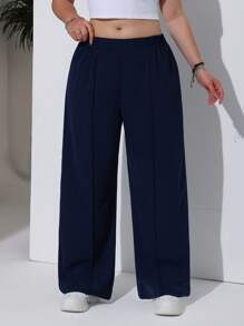 Solflare Loose Elastic Waist Solid Color Pleated Wide Leg Casual Pants For Plus Size Women - Blue - View 12