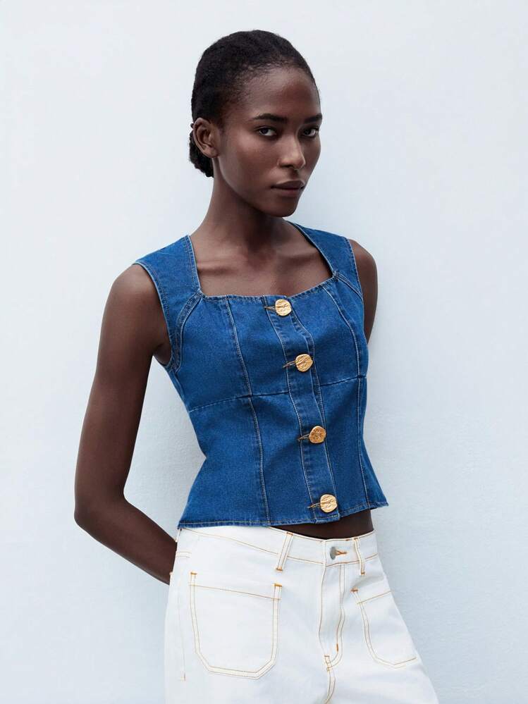 Maija Women's Blue Denim Top Gold Button Square Neck Denim Vest