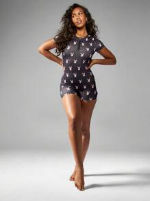 Missguided x Playboy Body classique ludique à manches courtes avec boutons devant, ajusté. Style sportif, tenue de yoga, de danse et de performance athlétique, combinaison une pièce - Noir - Voir 3