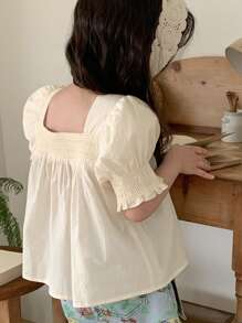 DAZY 年轻女孩方领自然风格休闲荷叶边下摆短袖衬衫，女孩夏季服装 - 杏色 - 查看 2