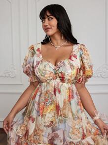 Flirla Vestido Linha A de Pescoço Quadrado Estilo de Férias Romântico Plus Size - Multicolorido - Visão 6
