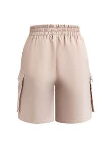 SHEIN PETITE Set de 2 pantalones cortos tipo cargo con bolsillos laterales y cintura elástica delgada para mujer, de uso casual - Multicolor - Ver 6