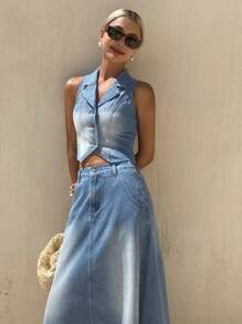 DAZY Conjunto de dos piezas de mujer de mezclilla para vacaciones - Azul lavado medio - Ver 6