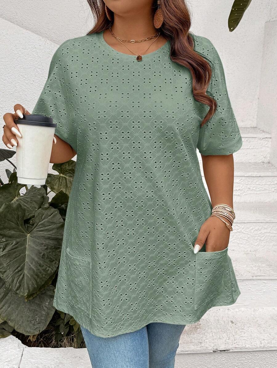 SHEIN LUNE 大码女式扎染刺绣双口袋休闲宽松T恤女式春季装女式夏季装女式夏季服装复活节女式西部装女式全白女式机场装女式机场装可爱夏季上衣卡哇伊 - 薄荷綠 - 查看 1