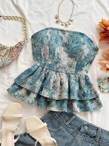 Soleia 全新露肩后系带荷叶边下摆蓝色花卉印花修身抹胸荷叶边上衣