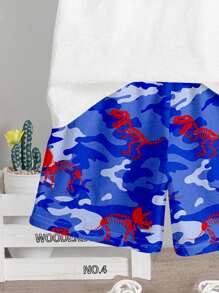 SHEIN 2 件套年轻男孩休闲卡通恐龙图案圆领短袖 T 恤和短裤套装，适合夏季