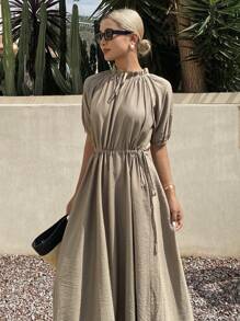 Livesso Women's Solid Color Frill Tie Neck Short Sleeve Midi Dress For Summer - Coffee - View 3