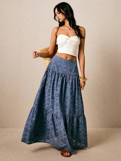 Poéselle Women's Solid Color Hollow Out Embroidered Ruffled Hem Boho Skirt, Summer Vacation