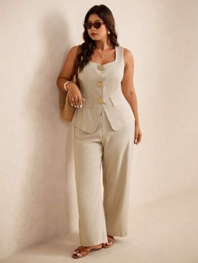 Elaquor Plusstorlek Dam Elegant 2-delat set med metallblommig dekor och väst och byxor