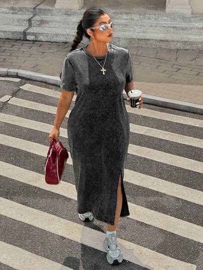 Enliva Plus Size Plus Size Long Acid-Washed T-Shirt Dress Tee Shirt Dress Long Casual Dress