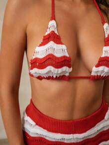 SHEIN Swim 2 件女式红白条纹度假风格比基尼上衣和沙滩短裤套装 - 紅白色 - 查看 4