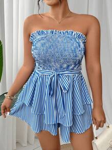 SHEIN Clasi 大码百搭修身条纹印花抹胸连衣裙 - 藍白色 - 查看 6