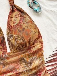 Soleia 女士节日针织网眼复古印花露背 V 领蝴蝶结网眼褶皱浪漫背心，适合约会、音乐节、性感、派对、海滩巡游、复活节、狂欢节、下午茶 - 彩色 - 查看 7