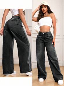 SHEIN PETITE Casual Washed Low Waist Straight Leg Jeans - Black - View 6