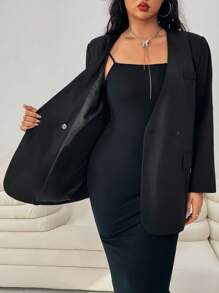 SHEIN EZwear Plus Size Casual Solid Double-Breasted Suit Jacket - Black - View 6