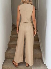 Easowa V 领不对称下摆纽扣前开无袖衬衫上衣和拉链门襟斜口袋直筒裤棉麻休闲度假优雅女士两件套 - 駝色 - 查看 2