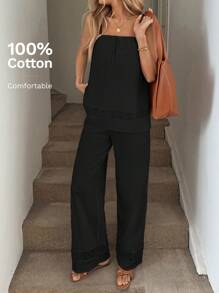 Easowa 2 件套女士蕾丝拼布有机棉吊带背心和长裤套装，春夏 - 黑色 - 查看 6